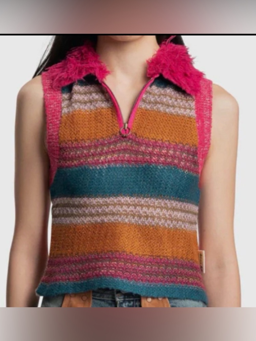 Andersson Bell Vest Top /Fuzzy Collar Striped Knit /Bright Pink Multi: S/M